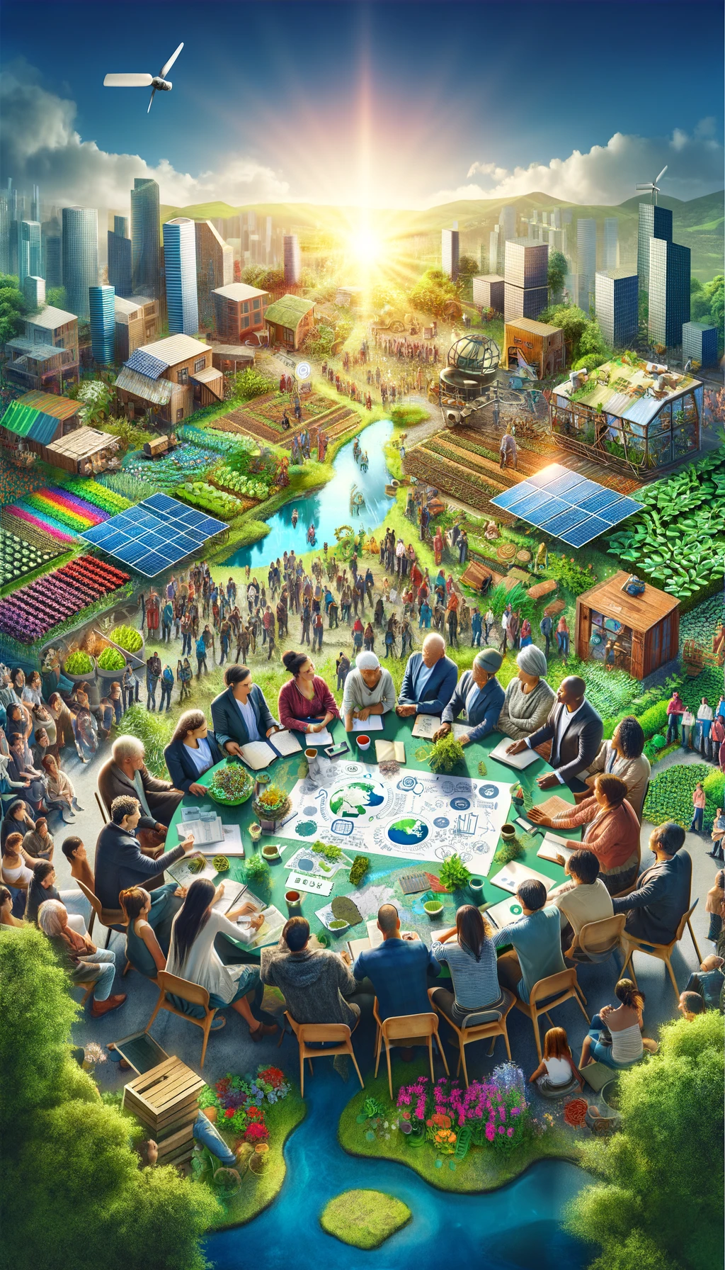 Una imagen que muestra un grupo diverso de personas de una comunidad en un entorno urbano verde y exuberante, participando activamente en una reunión colaborativa. 